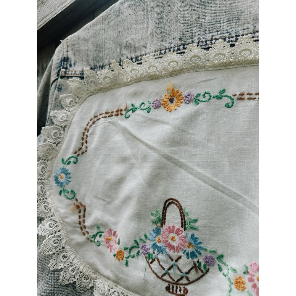 Upcycled Denim Jacket with Vintage Linen Doily | Cottagecore Jean Jacket |